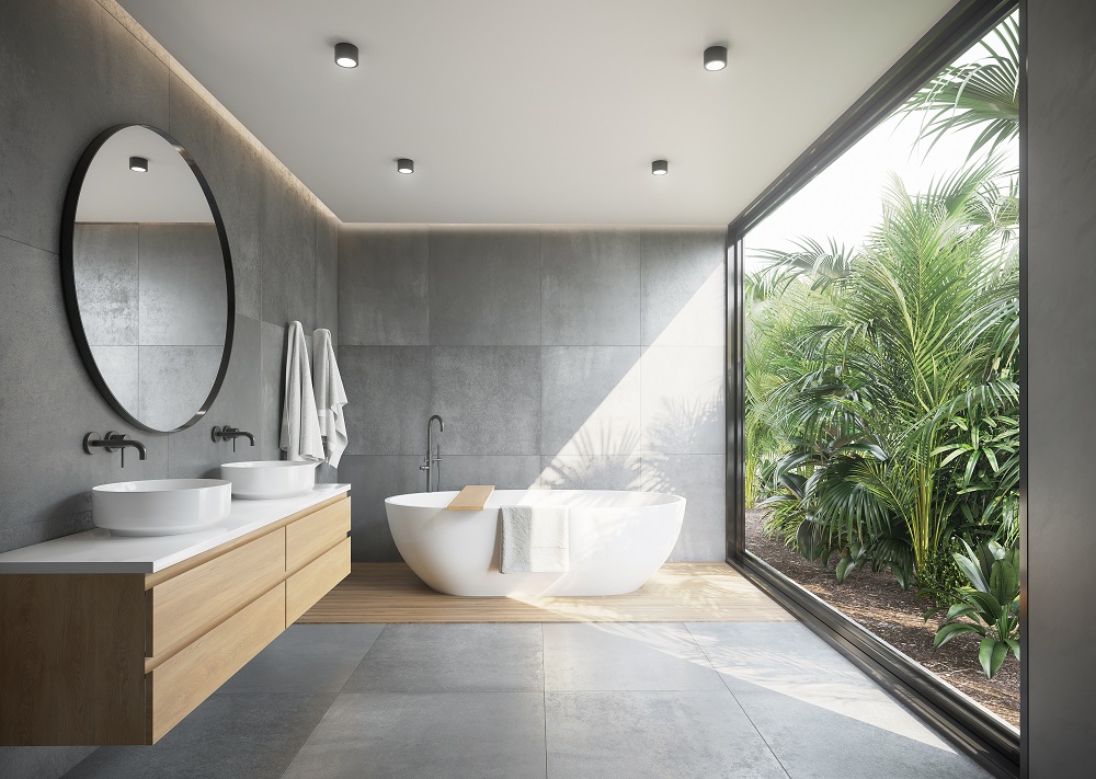 Bathroom design ideas - a Bathroom with big mirror, wooden cabinet, white bathtub and white basin